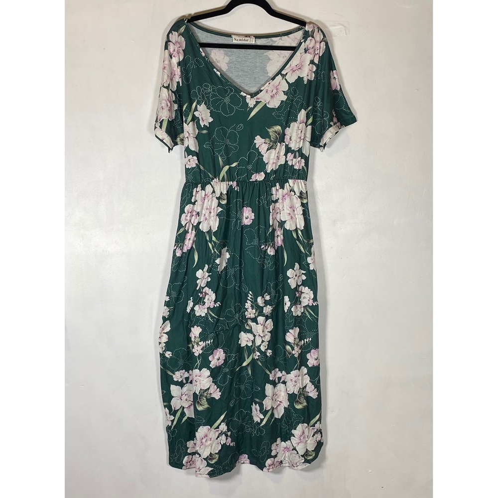 Green Pink Floral Maxi Dress Pockets Tie Back Modest Cottagecore Boho XL